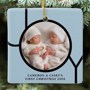 Twin's First Christmas Photo Joy Black Blue Ceramic Ornament