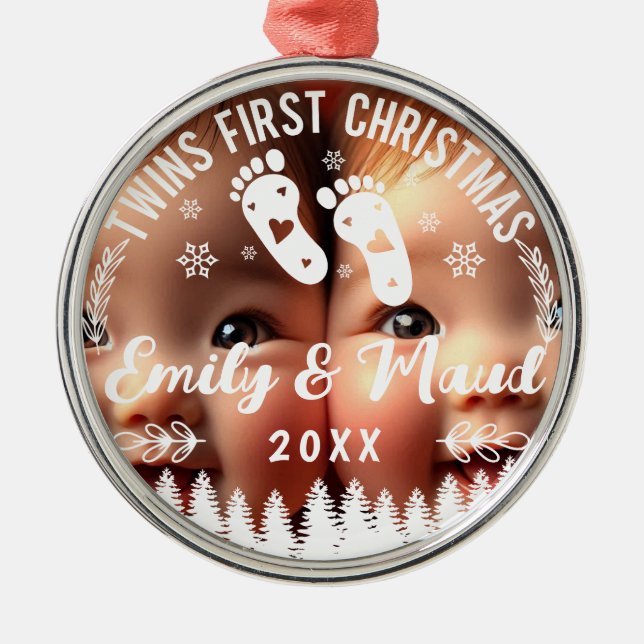 Twins First Christmas Photo Metal Ornament (Front)