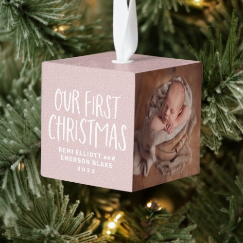 Twins first Christmas pink personalized photo Cube Ornament
