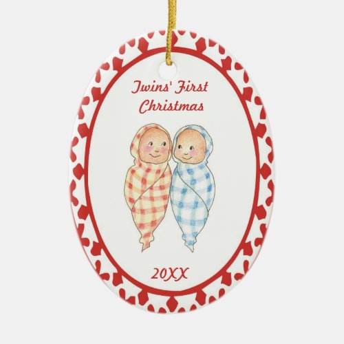 Twins First Christmas Wrapped Babies Oval Ornament