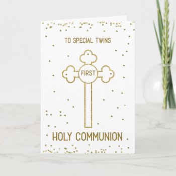 Twins First Holy Communion Gold Look Cross Card by Religious_SandraRose at Zazzle