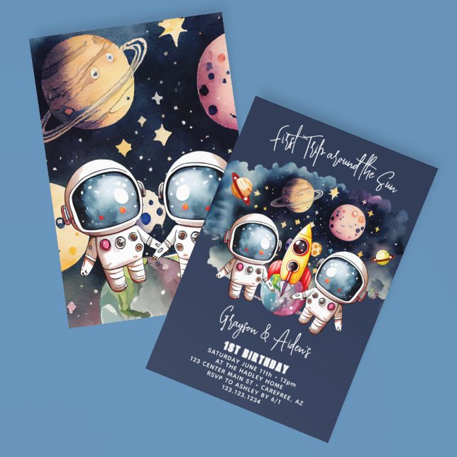 Twins First Trip Around the Sun 1st Birthday Invitation (Creator Uploaded)