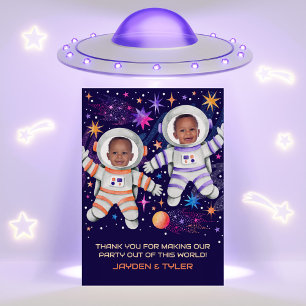 Twins First Trip Around the Sun Astronaut Photo Thank You Card