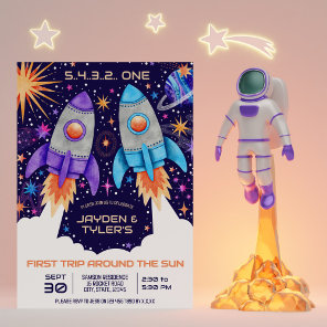 Twins First Trip Around the Sun Outer Space Rocket Invitation