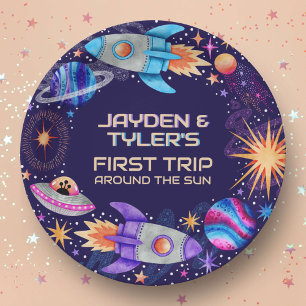 Twins First Trip Around the Sun Rocket Outer Space Paper Plates
