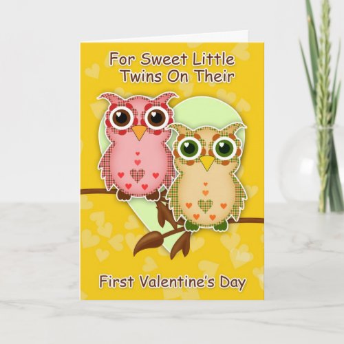Twins First Valentines Day Little Patchwork Owls Holiday Card