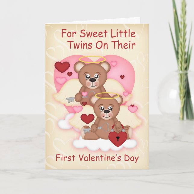 Twins First Valentine's Day With Little Angel Bear Holiday Card (Front)
