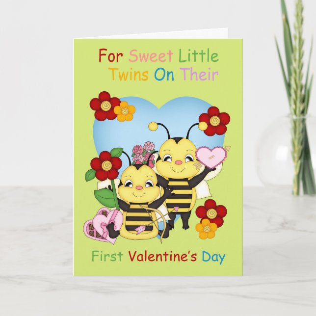 Twins First Valentine's Day With Little Bees Holiday Card (Front)