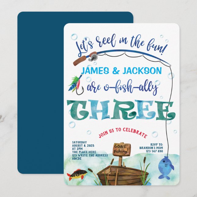 Twins Fishing themed boys 3rd o-fish-ally birthday Invitation (Front/Back)