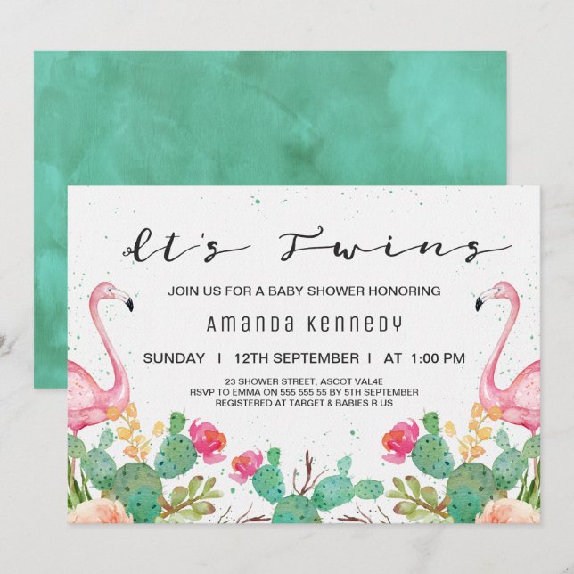 Twins Flamingo Cactus Baby Shower Invitation (Front/Back)