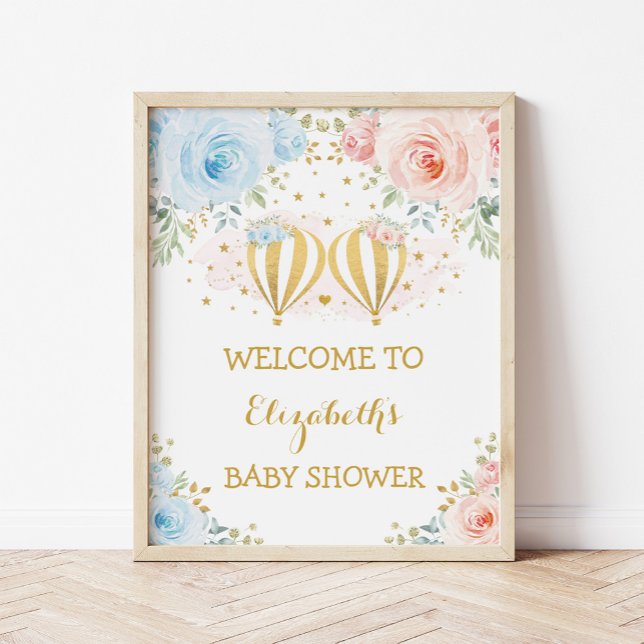 Twins Floral Hot Air Balloon Baby Shower Welcome Poster (Creator Uploaded)