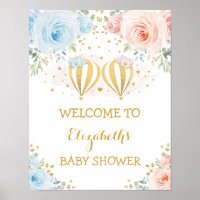 Twins Floral Hot Air Balloon Baby Shower Welcome Poster