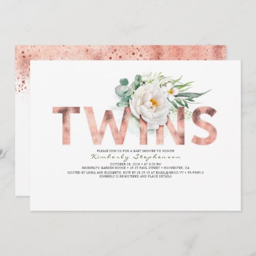 Twins Floral Rose Gold Typography Baby Shower Invitation