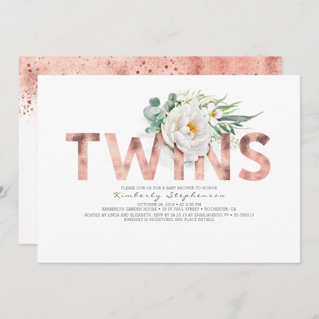 Twins Floral Rose Gold Typography Baby Shower Invitation (Front/Back)