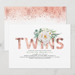 Twins Floral Rose Gold Typography Baby Shower Invitation