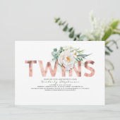 Twins Floral Rose Gold Typography Baby Shower Invitation (Standing Front)