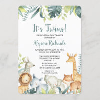 Twins gender neutral safari animals baby shower invitation