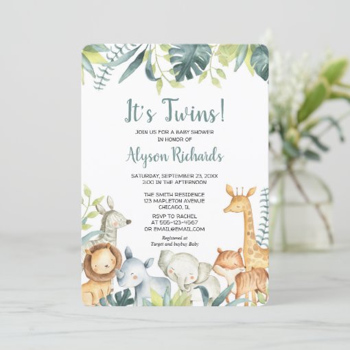 Twins gender neutral safari animals baby shower invitation | Zazzle