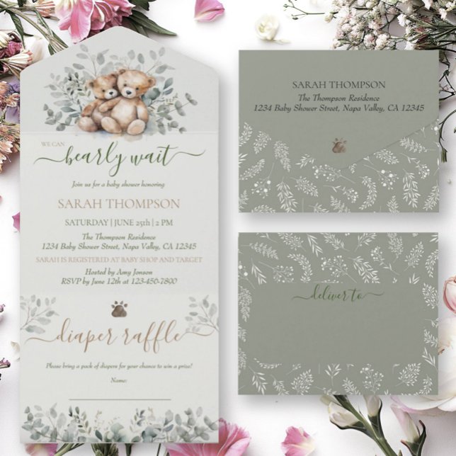 Twins Gender Neutral Teddy Bear Baby Baby Shower All In One Invitation (Creator Uploaded)