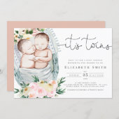 Twins Gender Neutral Watercolor Floral Baby Shower Invitation (Front/Back)