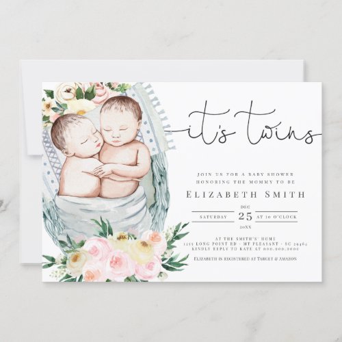 Twins Gender Neutral Watercolor Floral Baby Shower Invitation