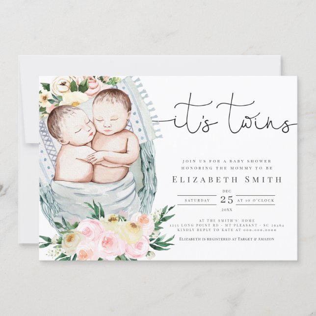 Twins Gender Neutral Watercolor Floral Baby Shower Invitation (Front)