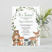 Twins gender neutral woodland greenery baby shower invitation (Standing Front)