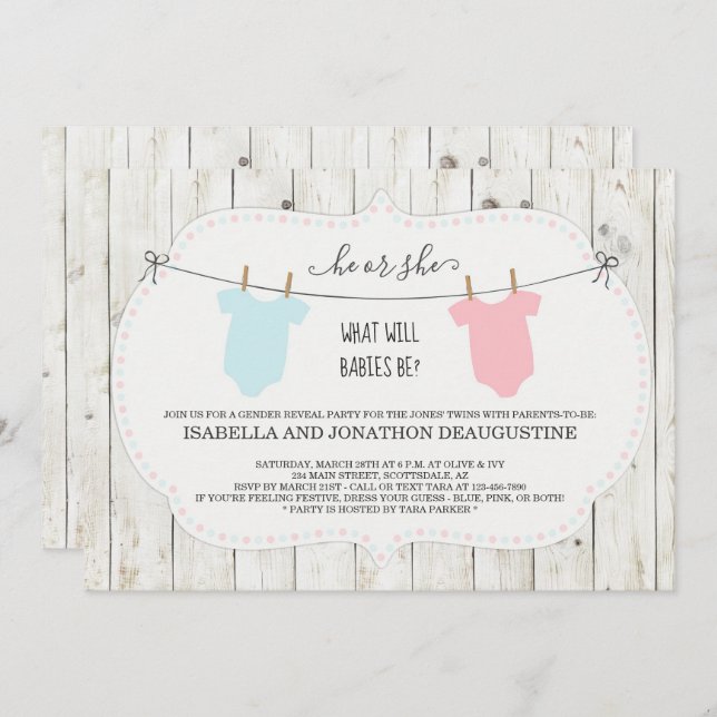 Twins Gender Reveal Invitation  Rustic Clothesline (Front/Back)