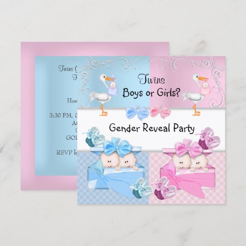 Twins Gender Reveal Party Boys or Girls Blue Pink Custom Invitations