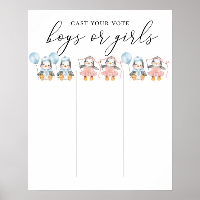 Twins Gender Reveal Voting | Penguin Baby Shower Poster (Front)