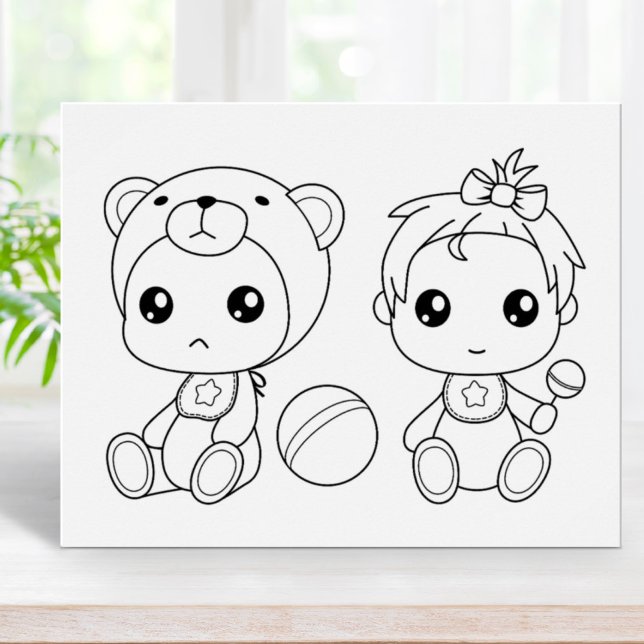 Twins Girl Bear Baby Jumpsuit Coloring Page Poster (Creator Uploaded)