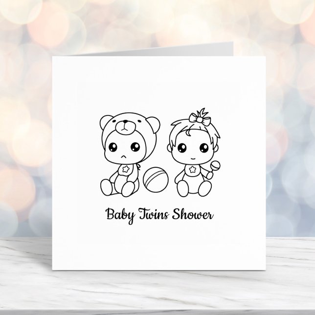 Twins Girl Bear Baby Shower Self-inking Stamp (Creator Uploaded)