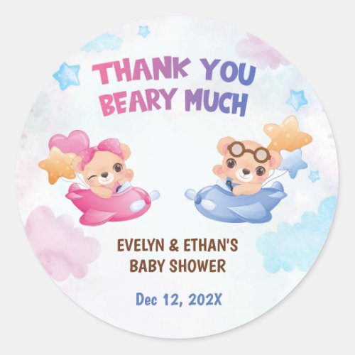 Twins Girl Boy Bear Airplane Baby Shower Classic Round Sticker