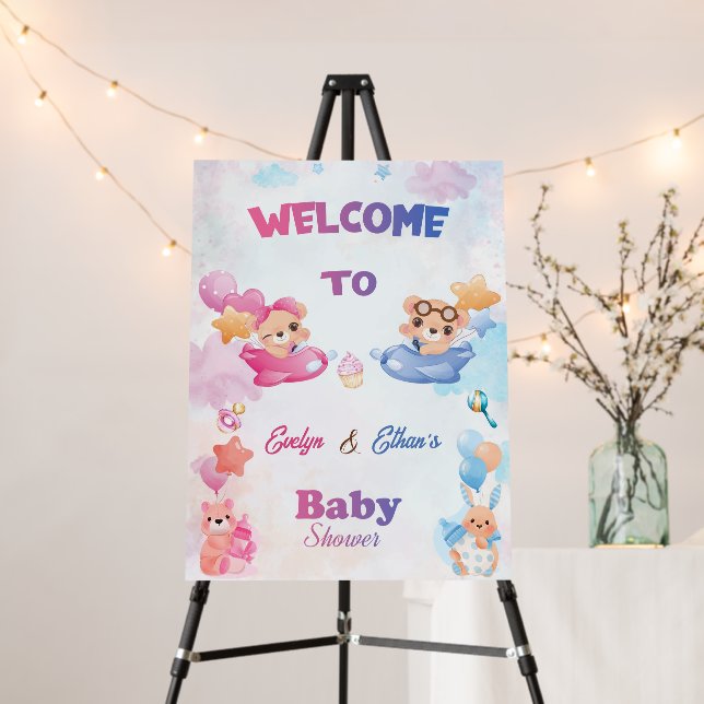 Twins Girl Boy Bear Airplane Baby Shower Foam Board (In Situ (Stand))