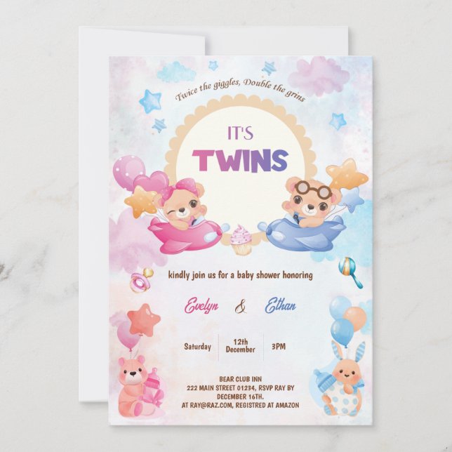 Twins Girl Boy Bear Airplane Baby Shower Invitation (Front)