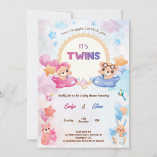 Twins Girl Boy Bear Airplane Baby Shower Invitation