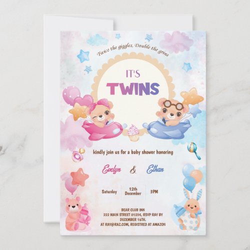 Twins Girl Boy Bear Airplane Baby Shower Invitation
