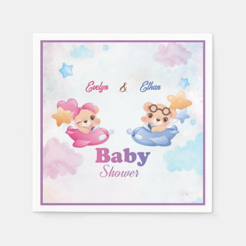 Twins Girl Boy Bear Airplane Baby Shower Napkins