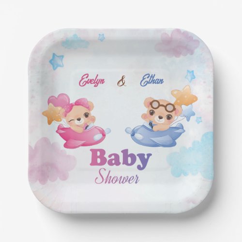 Twins Girl Boy Bear Airplane Baby Shower Paper Plates