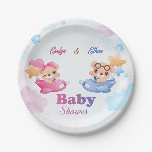 Twins Girl Boy Bear Airplane Baby Shower Paper Plates