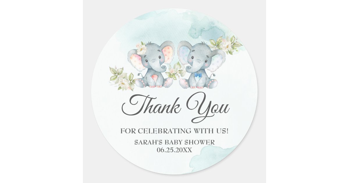 Twins Girl Boy Elephant Baby Shower Birthday Favor Classic Round Sticker