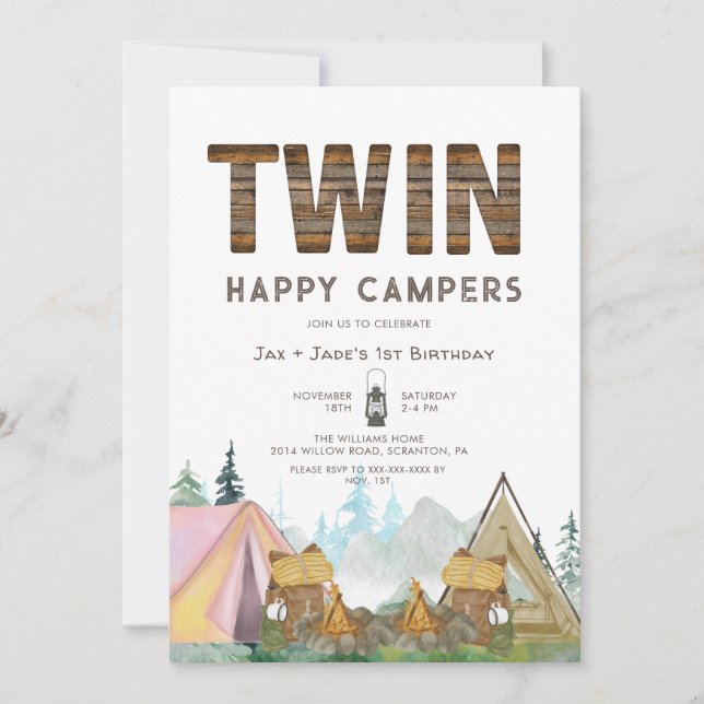 Twins Girl & Boy Rustic Happy Camper Birthday Invitation (Front)