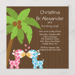Twins Girl Boy Safari Jungle Giraffe Kid Birthday Invitation