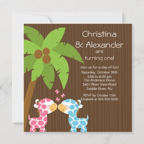 Twins Girl Boy Safari Jungle Giraffe Kid Birthday Personalized Invite