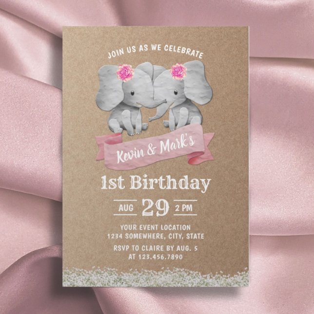 Twins Girl Cute Elephant Rustic Kraft Birthday Invitation (Creator Uploaded)