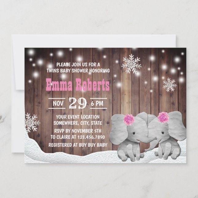 Twins Girl Elephant Winter Snowflaes Baby Shower Invitation (Front)