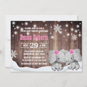 Twins Girl Elephant Winter Snowflaes Baby Shower Invitation