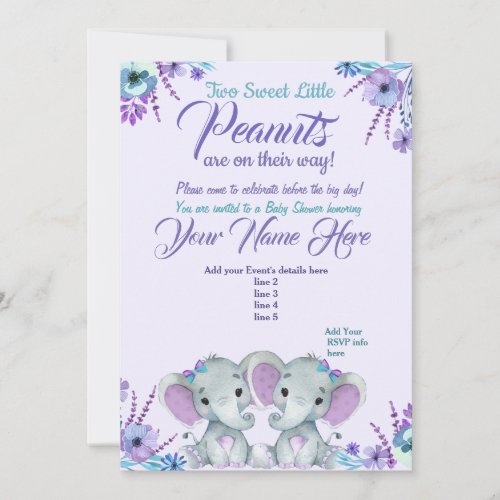 Twins Girl Elephants Baby Shower Invitation Floral