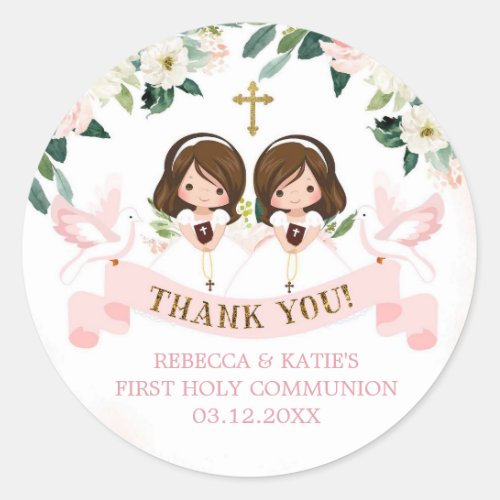 Twins Girl Floral Pink First Communion Classic Round Sticker