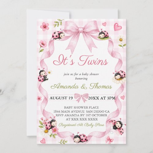 Twins Girl LadyBug Pink Baby Shower Invitation